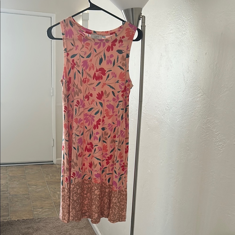 LOFT Pink and Orange Scoop Neck Midi Sundress